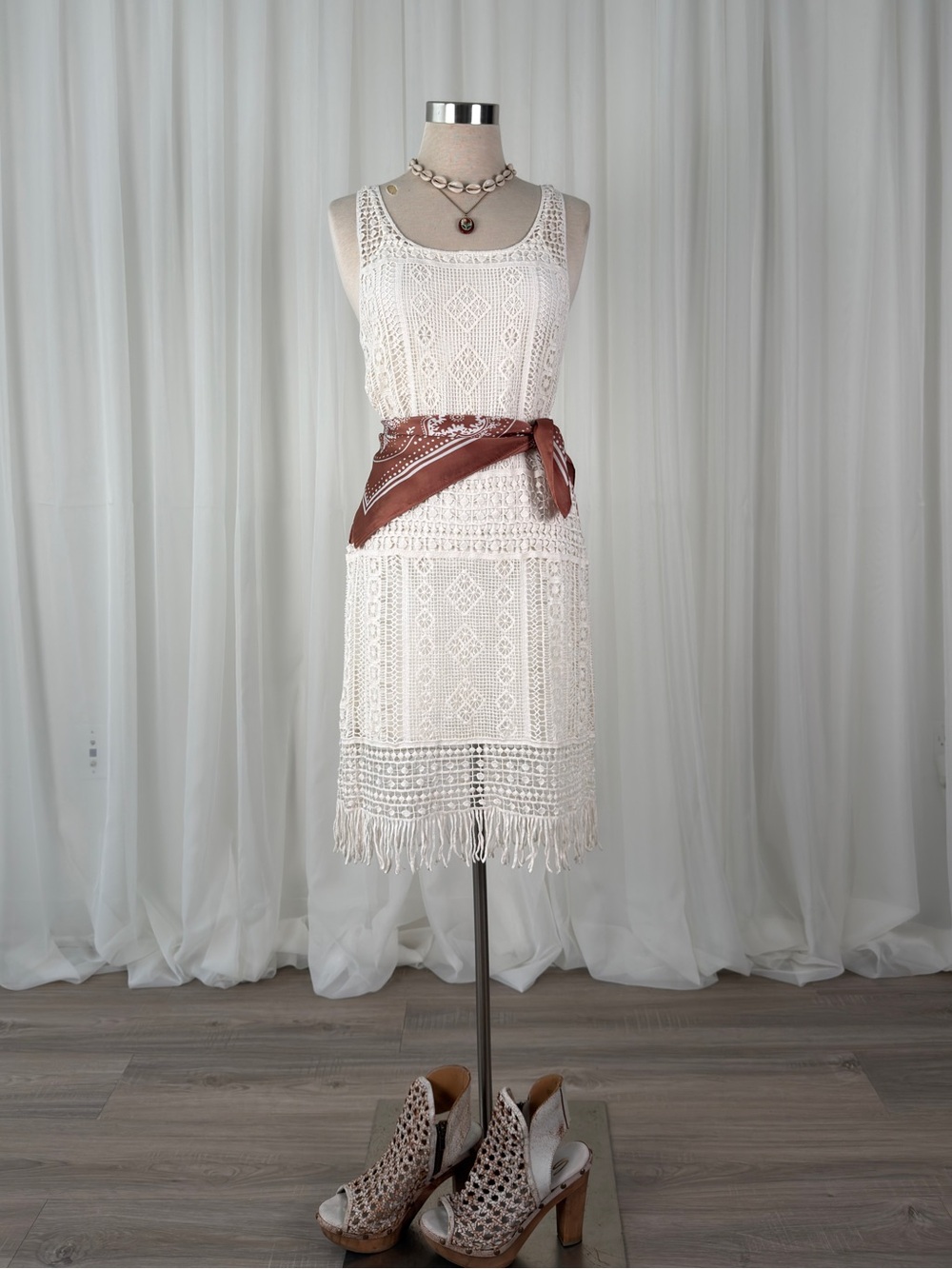 Lauren Ralph Lauren White Crochet Fringe Shift Dress Womens Petite XS Boho